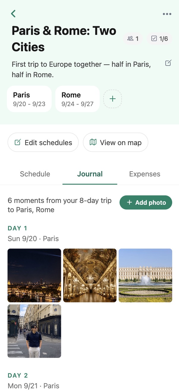 Travelli journal tab showing trip photos grouped by day and city
