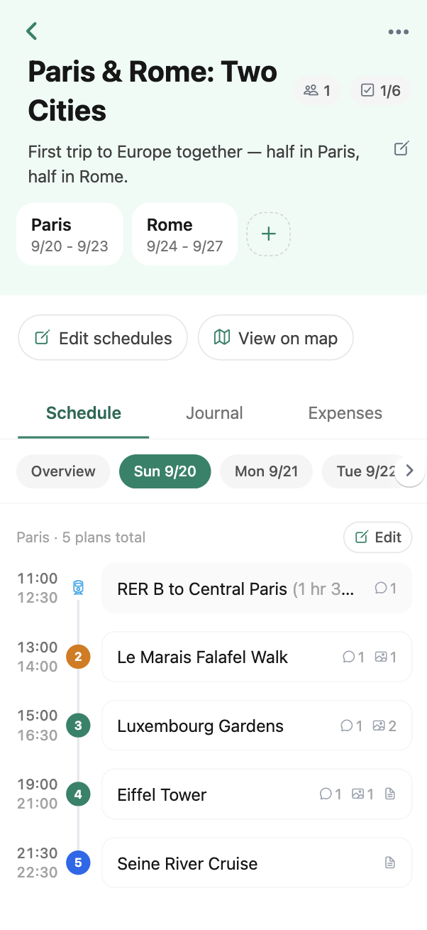 Travelli trip screen showing a Paris and Rome itinerary split into two cities, with each day's stops listed by time