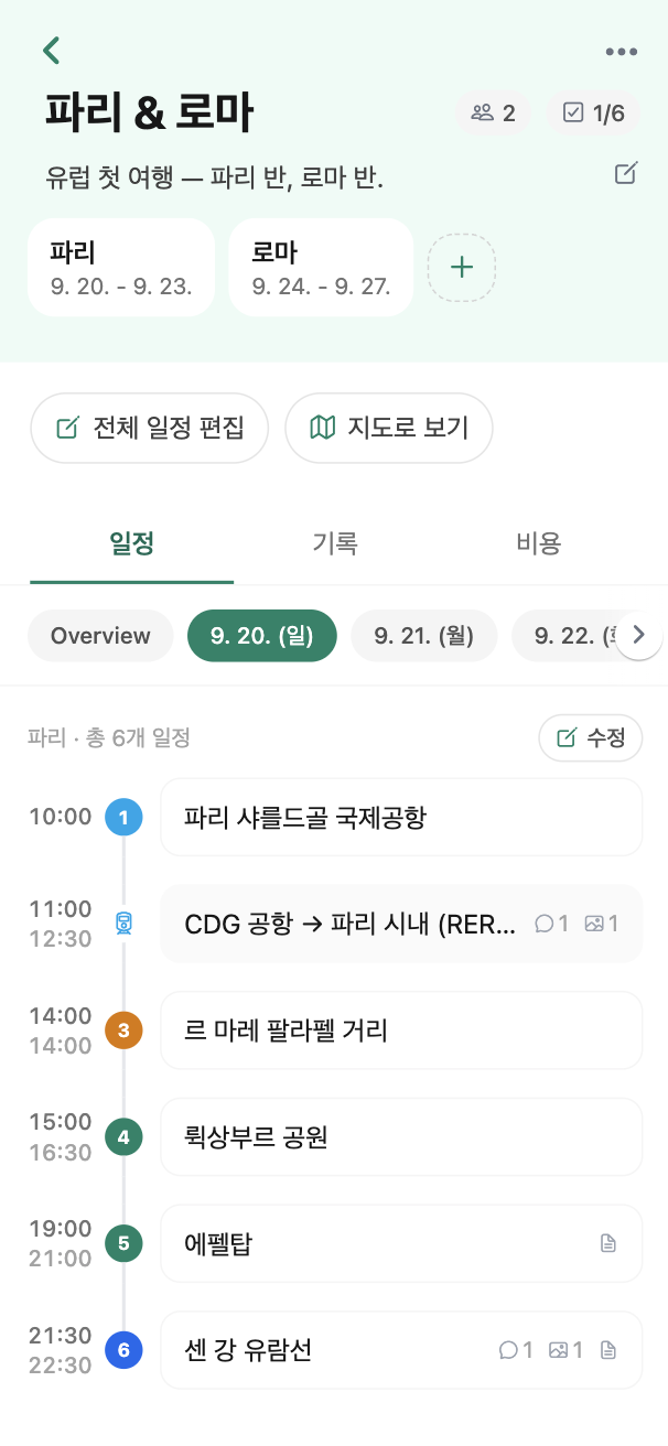 파리와 로마 두 도시로 나뉜 일정과 시간대별 장소 목록이 보이는 Travelli 여행 화면